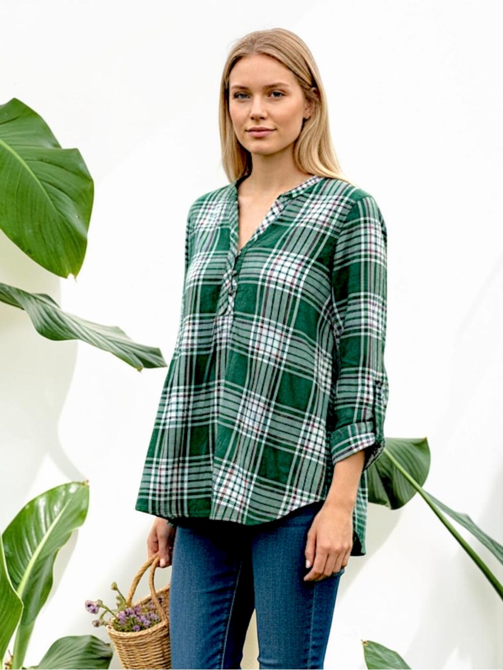 Laura Scott Green Plaid Blouse